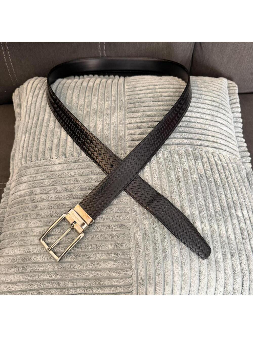 Ermenegildo Zegna black genuine leather belt with herringbone weave, size 36